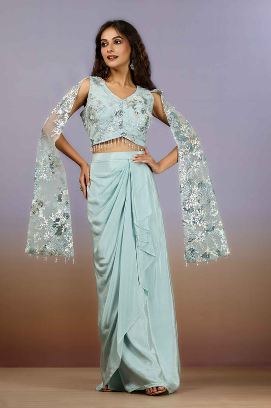 Skyblue Sequins Crepe Indo Western 1023-10092