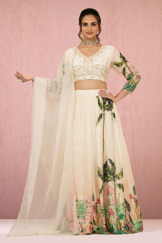 Cream Sequins Chinon Readymade Lehenga 1014-10075