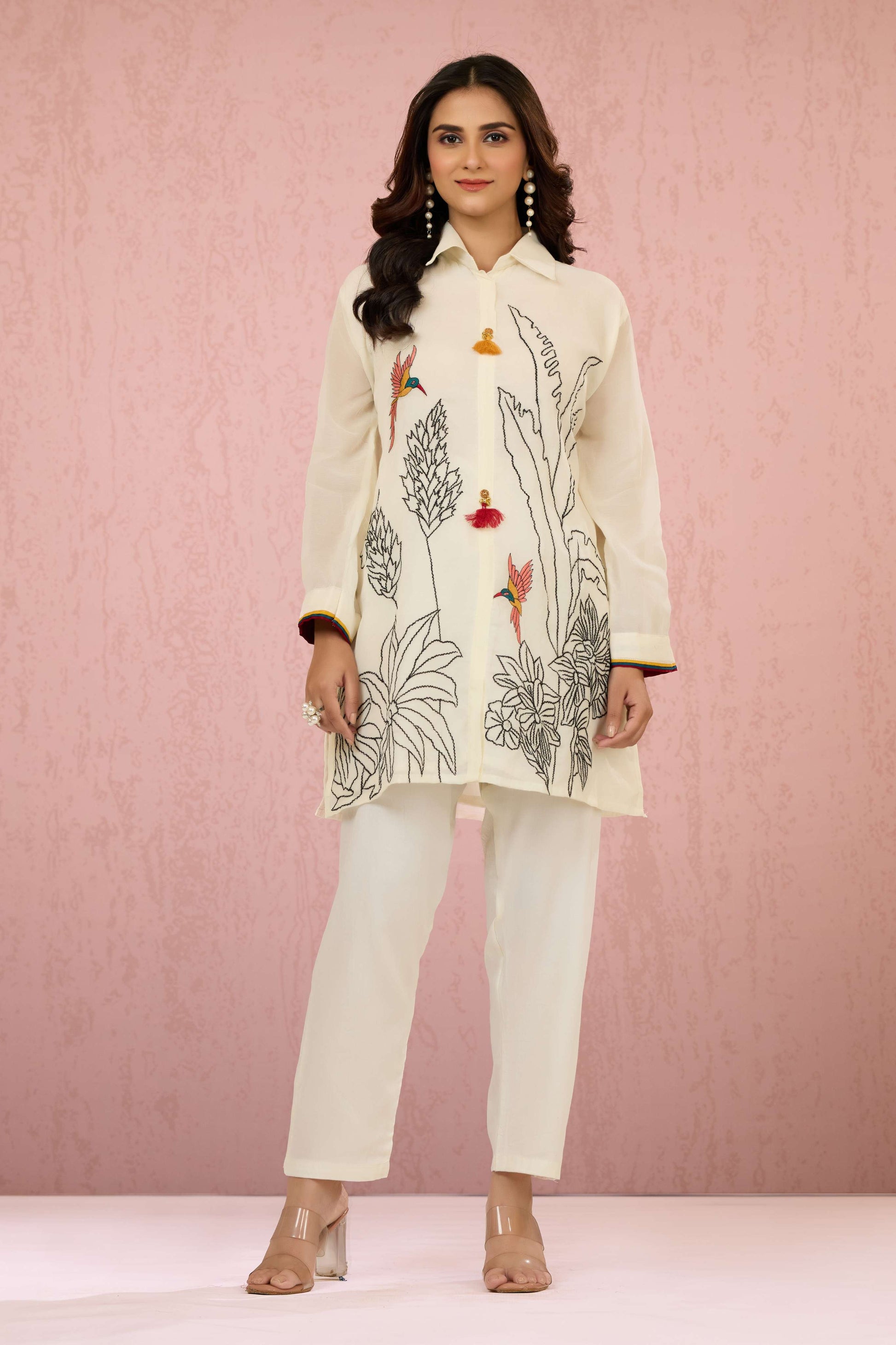 White Embroidery Mul Chanderi Coord Set 1014-10043