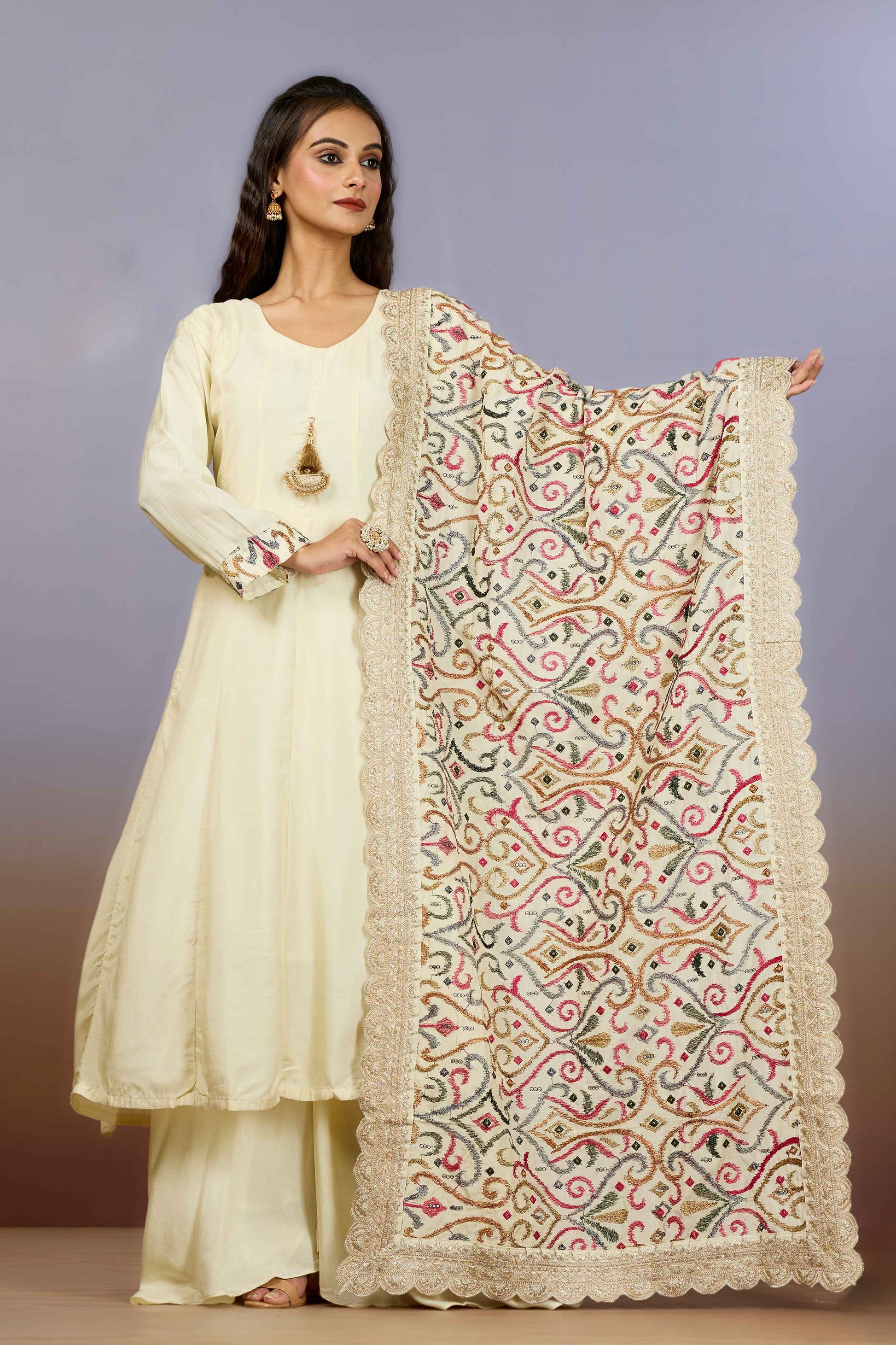 Cream Embroidery Muslin Salwar Suits 1019-10108