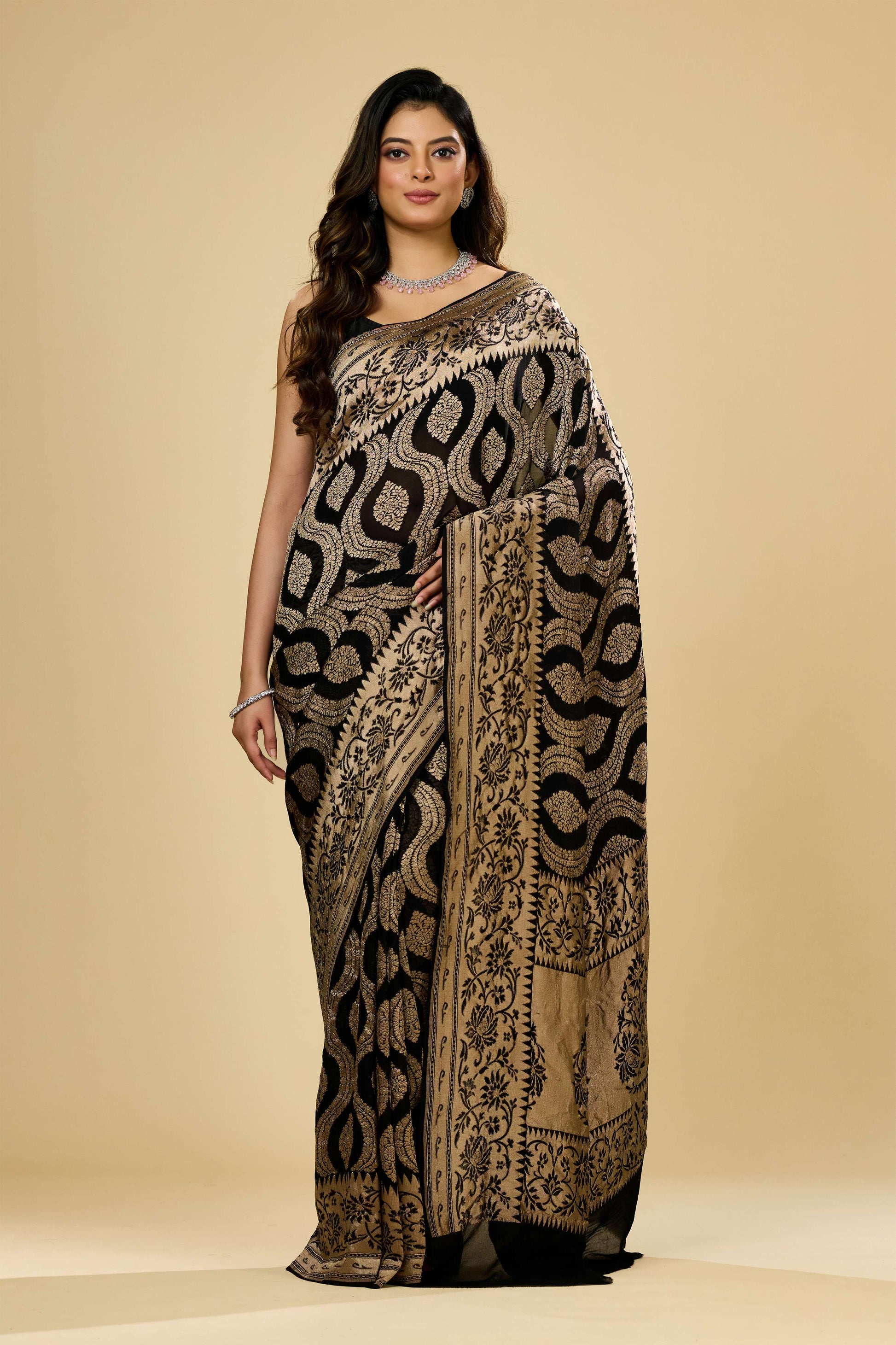 Black Golden Zari weave Khadi Georgette Sarees 1009-10025