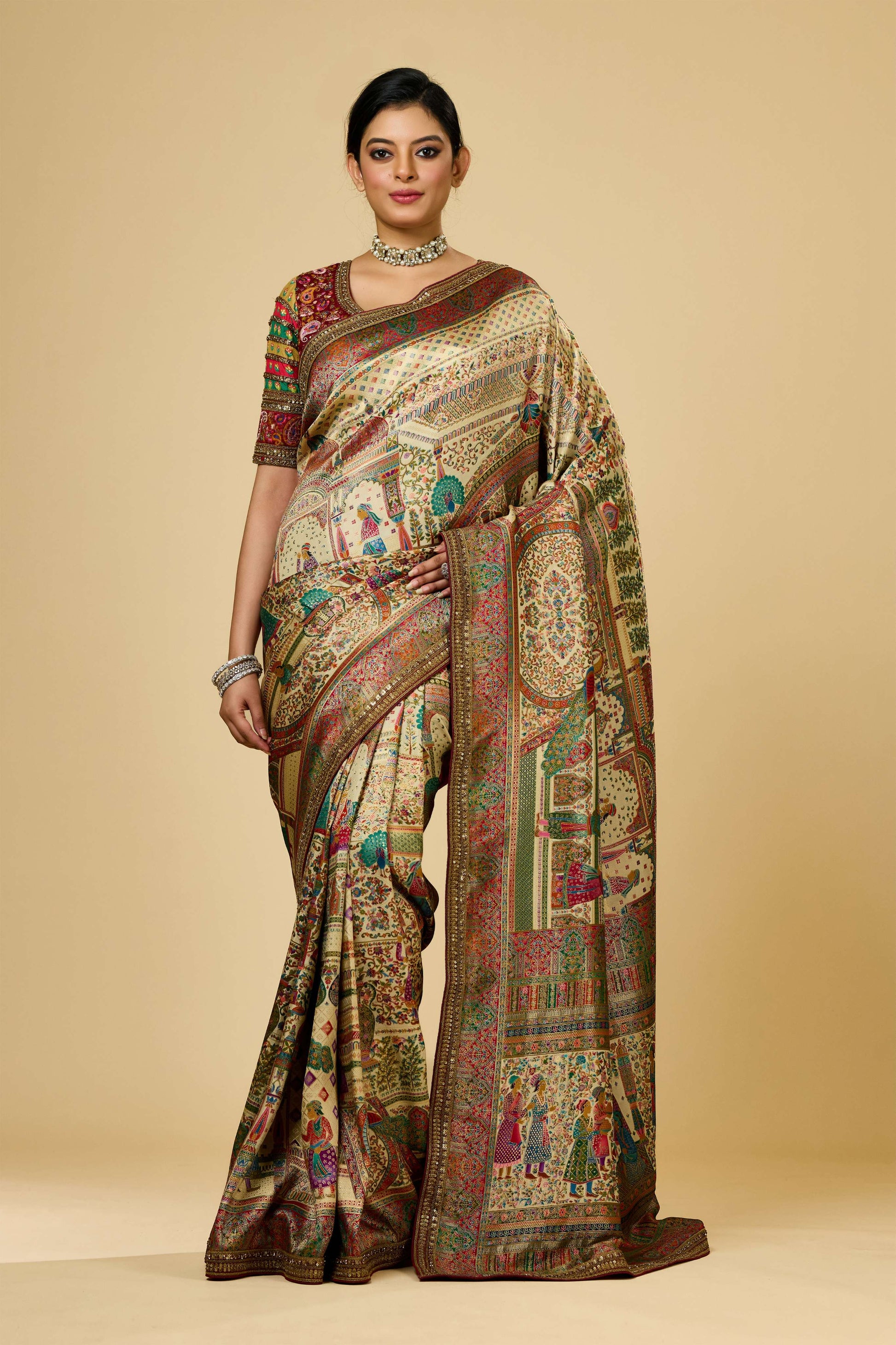 Cream Position Print Silk Sarees 1008-10022