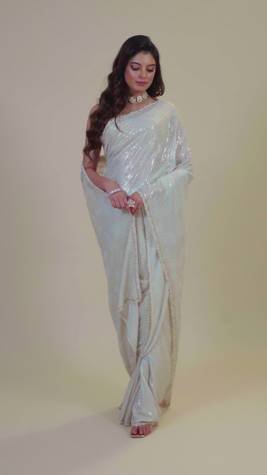 Cream Pearlwork Georgette Sarees 1011-10038