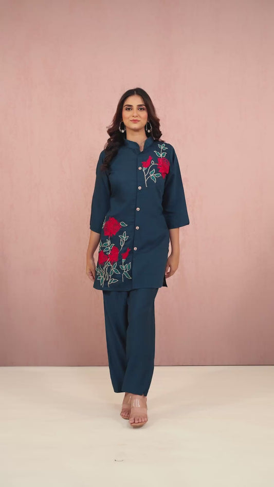 Indigo Embroidery Slub Cotton Coord Set 1013-10046