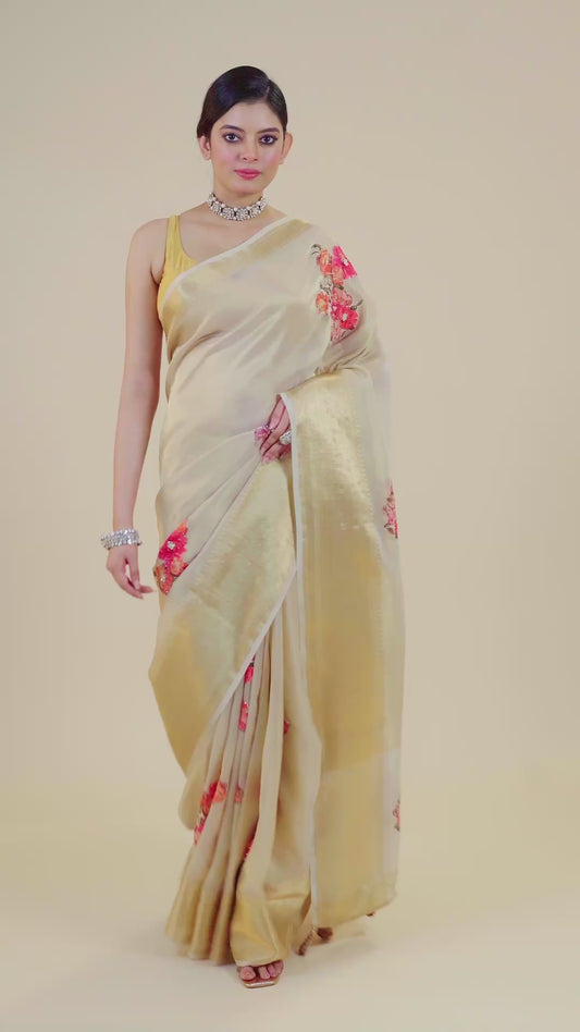 Beige Patchwork Tissue Sarees 1011-10031