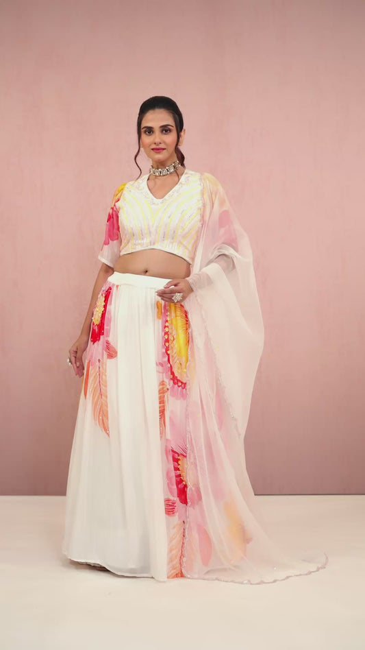 Cream Sequins Chinon Readymade Lehenga 1014-10077