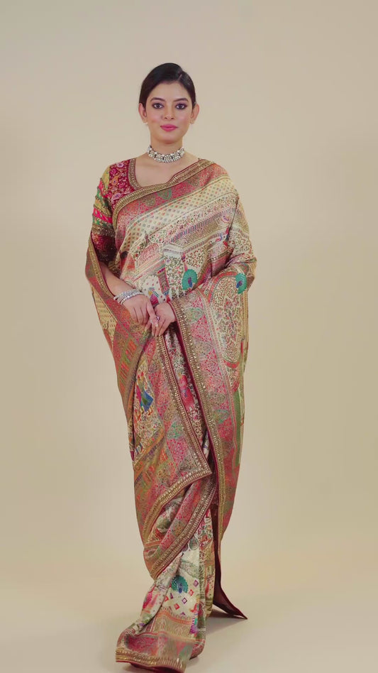 Cream Position Print Silk Sarees 1008-10022