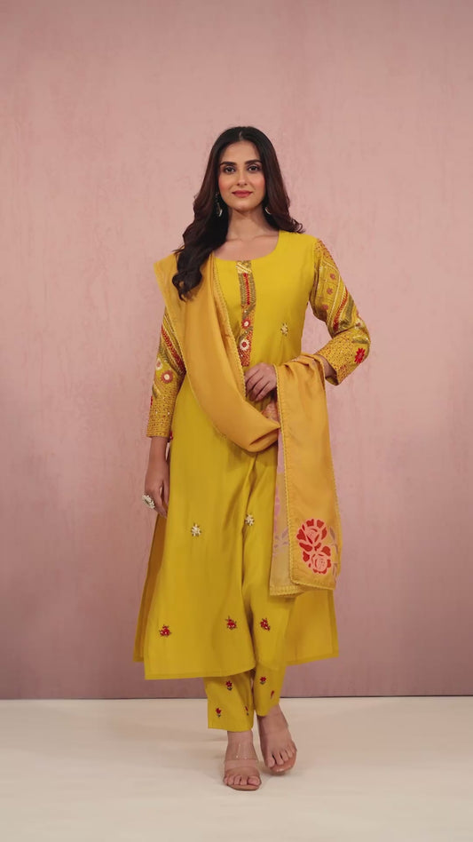 Yellow Embroidery Roman Silk Salwar Suits 1013-10041