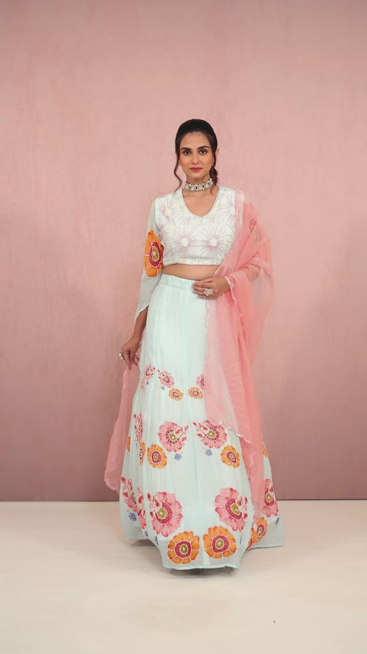 Skyblue Sequins Chinon Readymade Lehenga 1014-10073