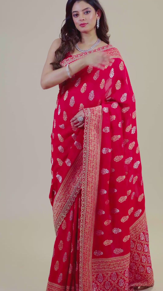 Red/Blue Golden Zari weave Khadi Georgette Sarees 1011-10030