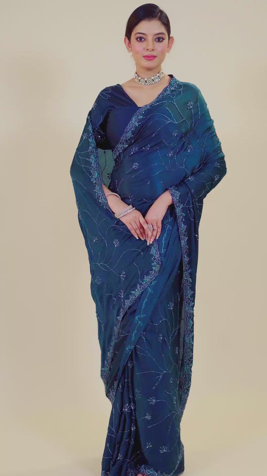 Indigo Embroidery Chinon Sarees 1007-10009