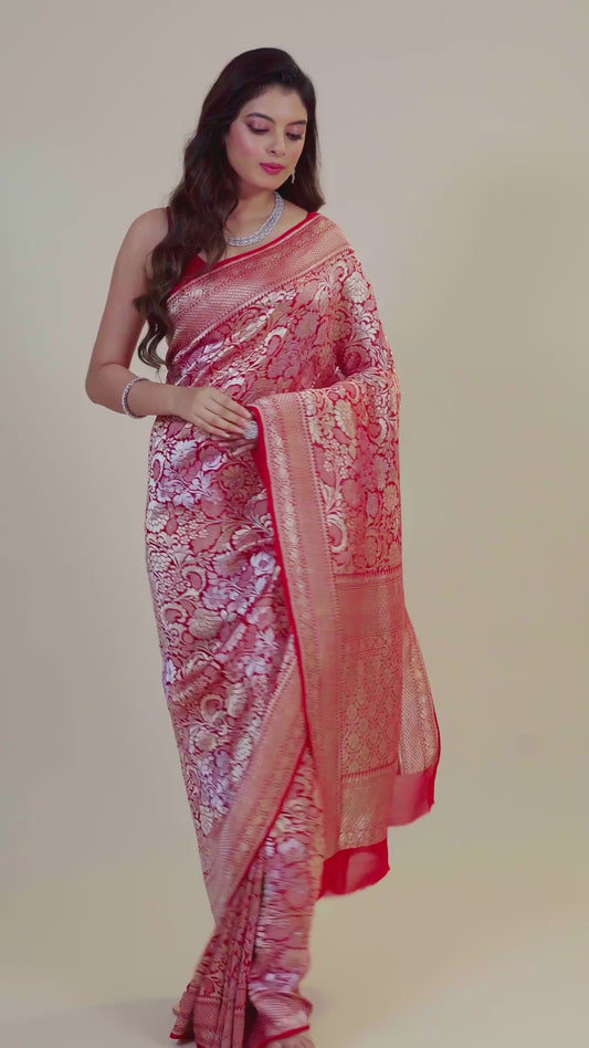 Red Golden Zari weave Khadi Georgette Sarees 1009-10024