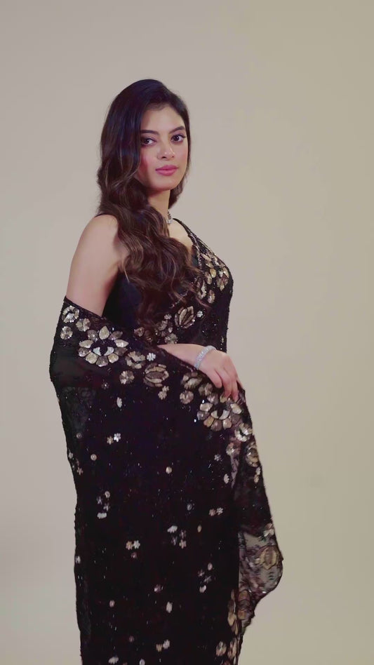 Black sequins Georgette Sarees 1007-10012