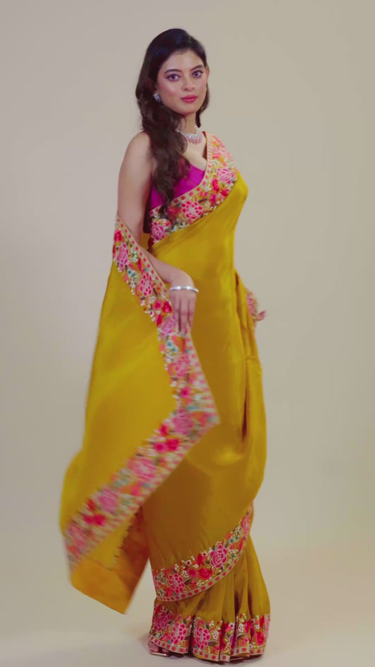 Yellow Embroidery Semi crepe Sarees 1007-10011