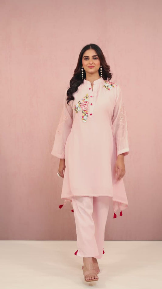 Pink Pearlwork Mul Chanderi Coord Set 1014-10052