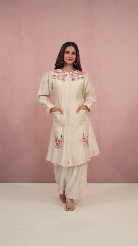 Cream Embroidery HO silk Coord Set 1014-10062