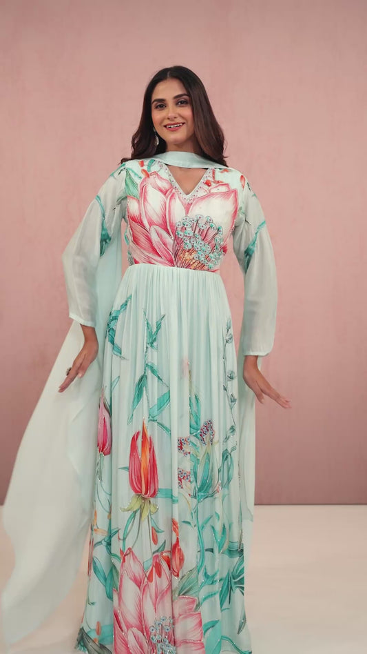 Skyblue Sequins Chinon Dress 1014-10060