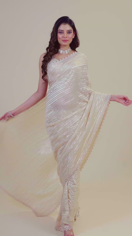 Beige sequins Organza Sarees 1011-10034