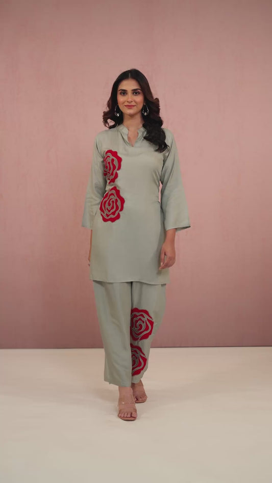 Grey Embroidery Rayon Coord Set 1013-10053