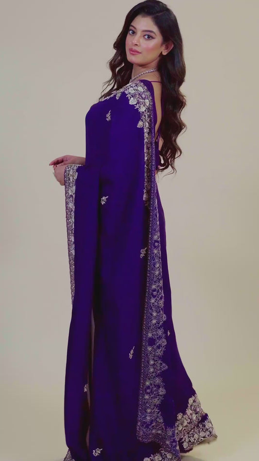 Wine sequins Organza Sarees 1007-10004