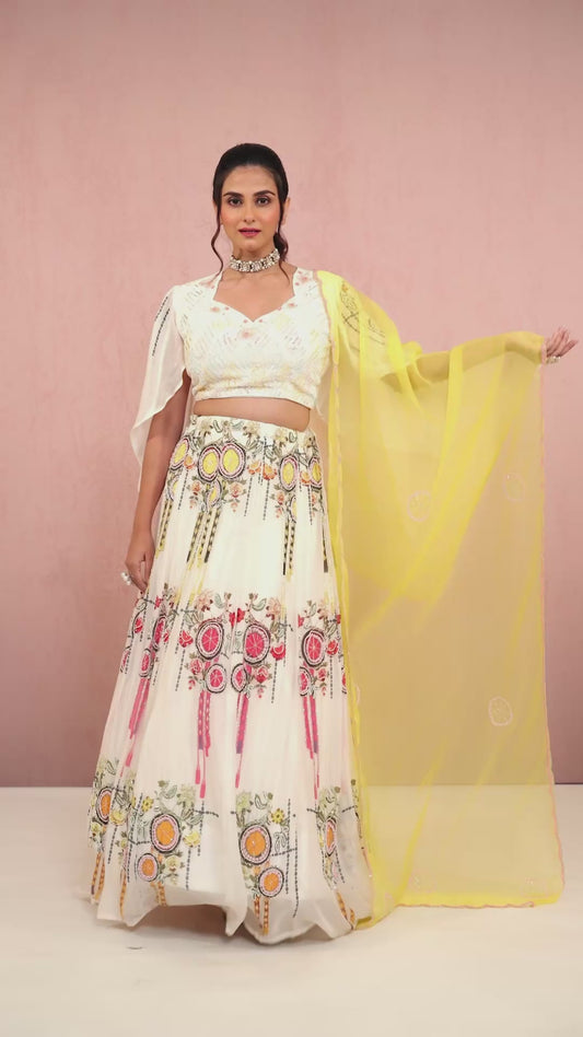 Cream Sequins Chinon Readymade Lehenga 1014-10074