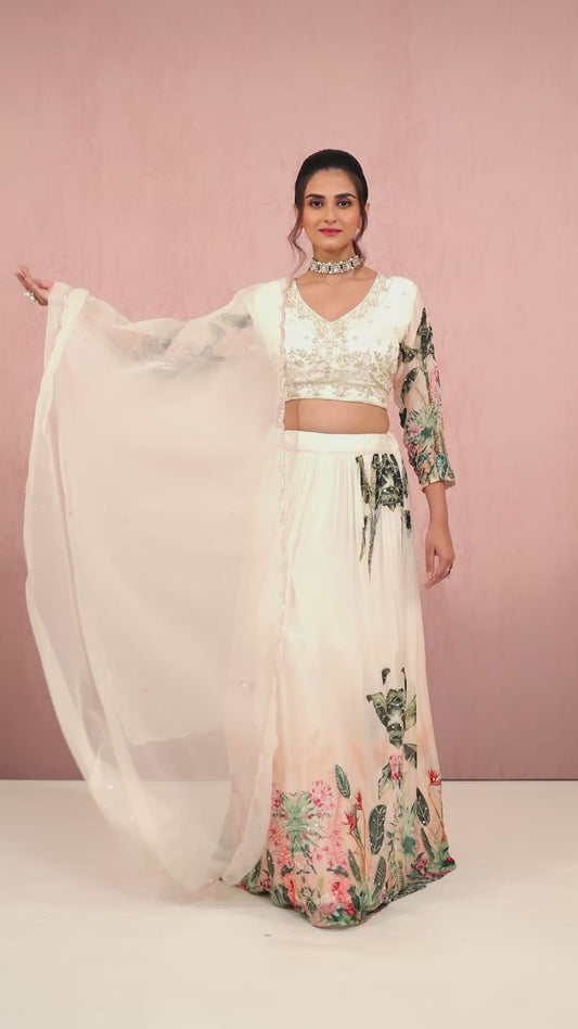 Cream Sequins Chinon Readymade Lehenga 1014-10075