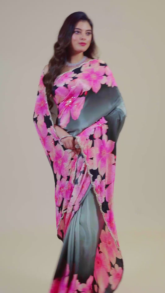Printed Pearlwork Semi crepe Sarees 1011-10035