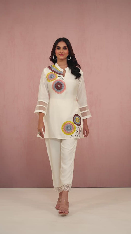 White Pearlwork Dola Silk Coord Set 1014-10042