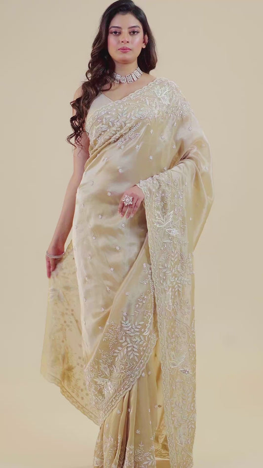 Beige Boolean work Tissue Sarees 1007-10003