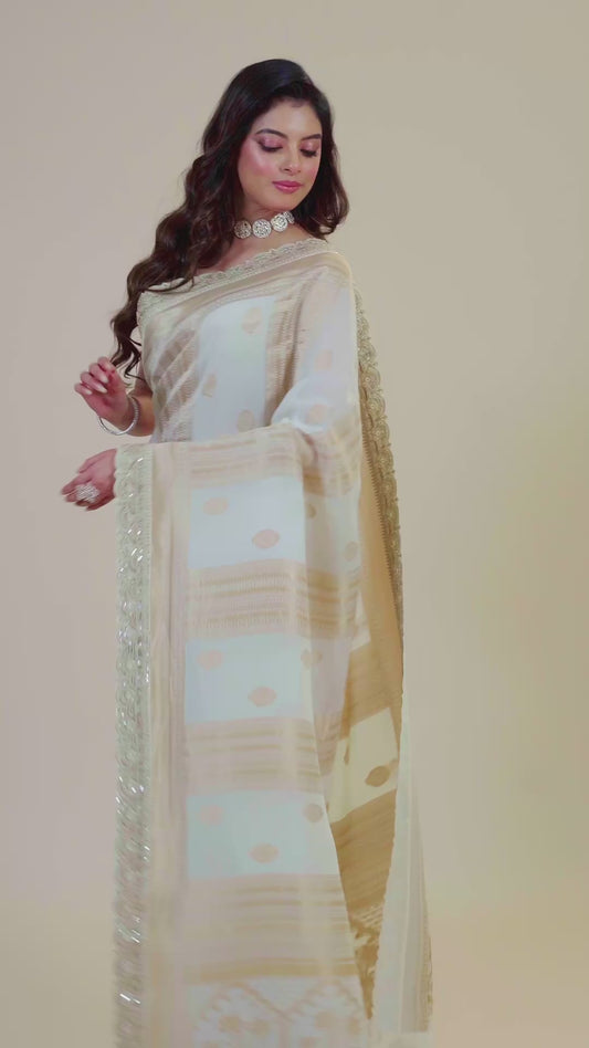 Cream Golden Zari weave Georgette Sarees 1011-10028