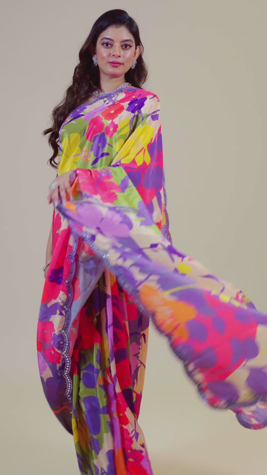 Printed Kutch work Semi crepe Sarees 1012-10033