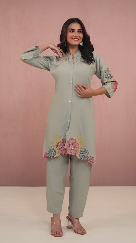 Grey Embroidery Rayon Coord Set 1013-10049