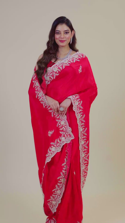 Red Pearlwork Semi crepe Sarees 1007-10005