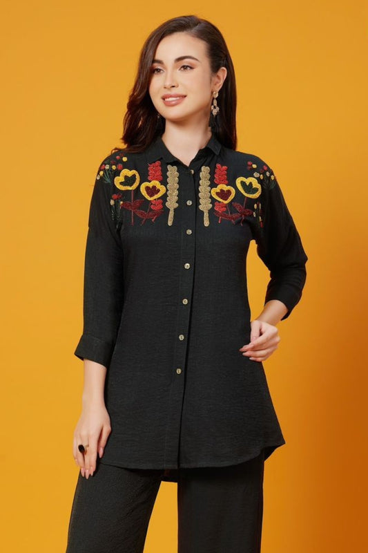 Black Woolen thread work  Imported Linen Coord Set 1031-10139