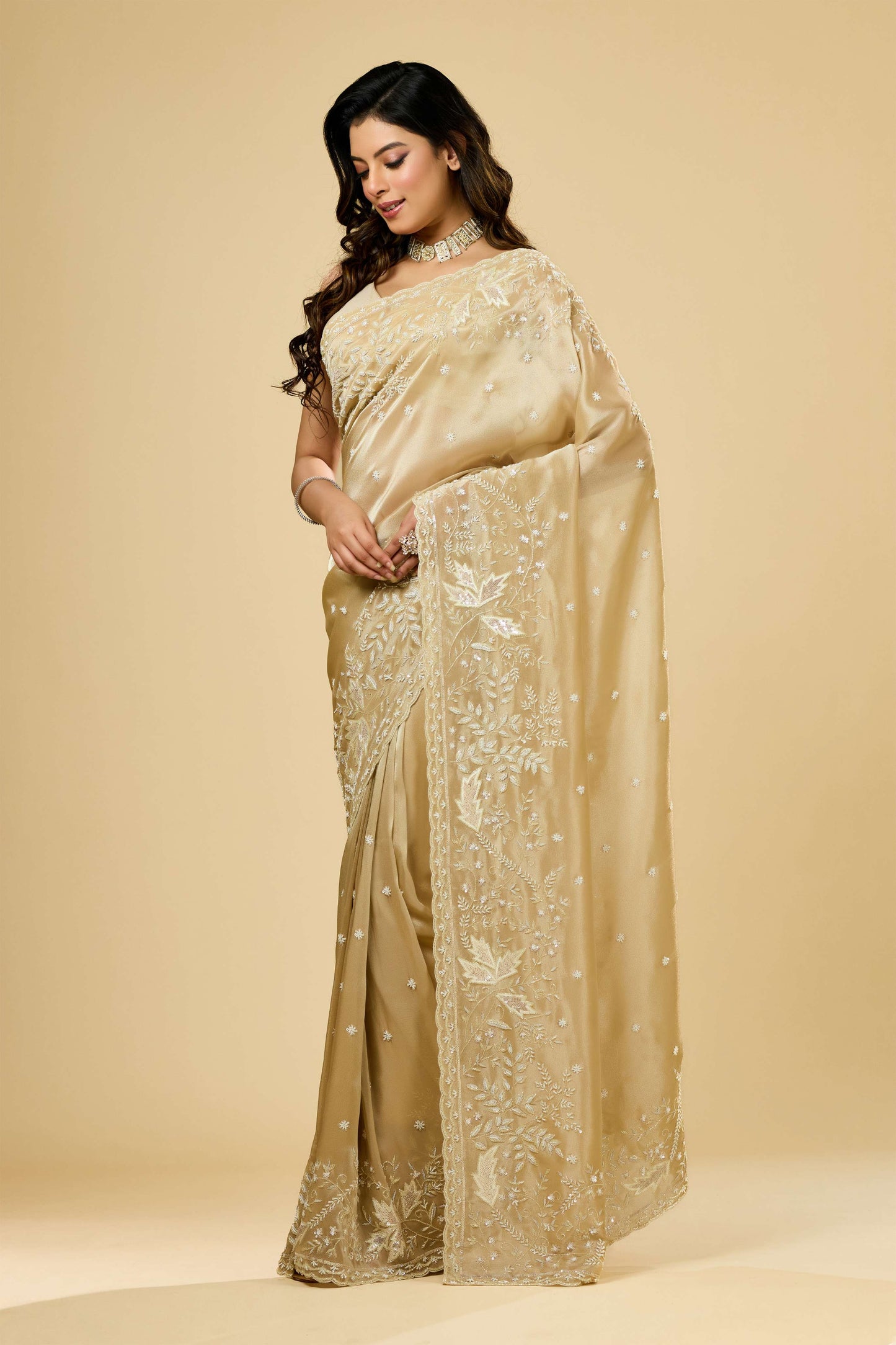 Beige Boolean work Tissue Sarees 1007-10003