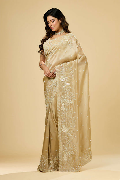 Beige Boolean work Tissue Sarees 1007-10003