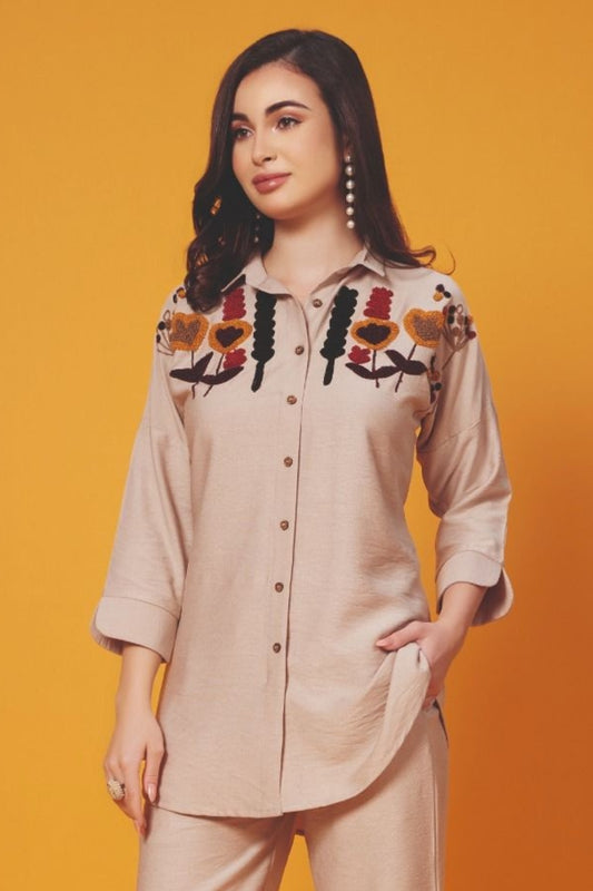 Beige Woolen thread work  Imported Linen Coord Set 1031-10139