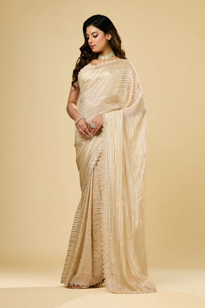 Beige sequins Organza Sarees 1011-10034