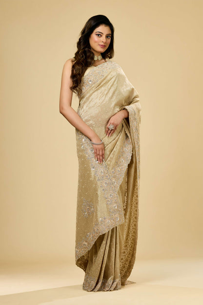Beige Embroidery Tissue Sarees 1007-10014