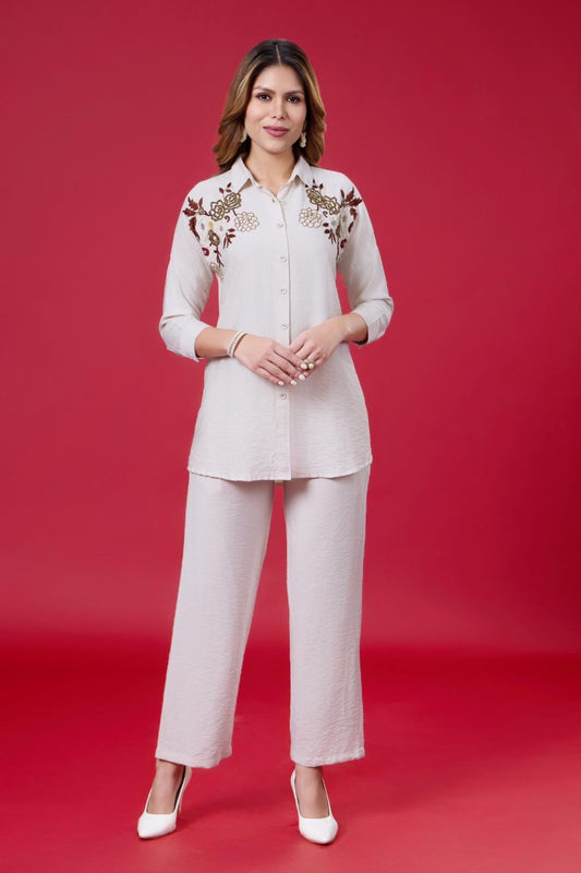 Cream Pearlwork Imported Linen Coord Set 1031-10138