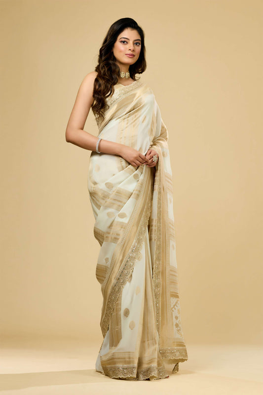 Cream Golden Zari weave Georgette Sarees 1011-10028