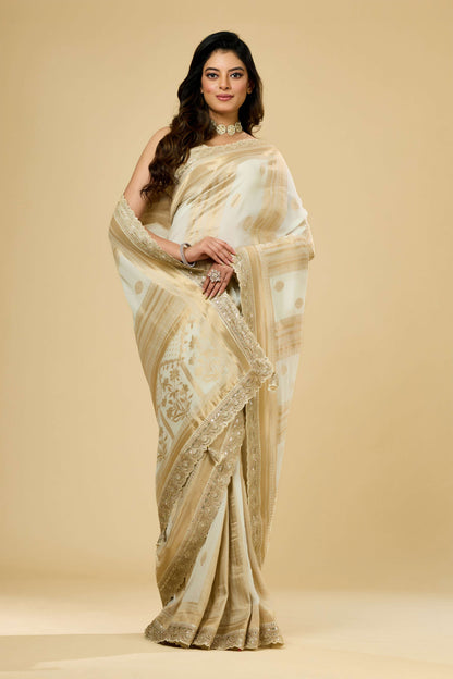 Cream Golden Zari weave Georgette Sarees 1011-10028