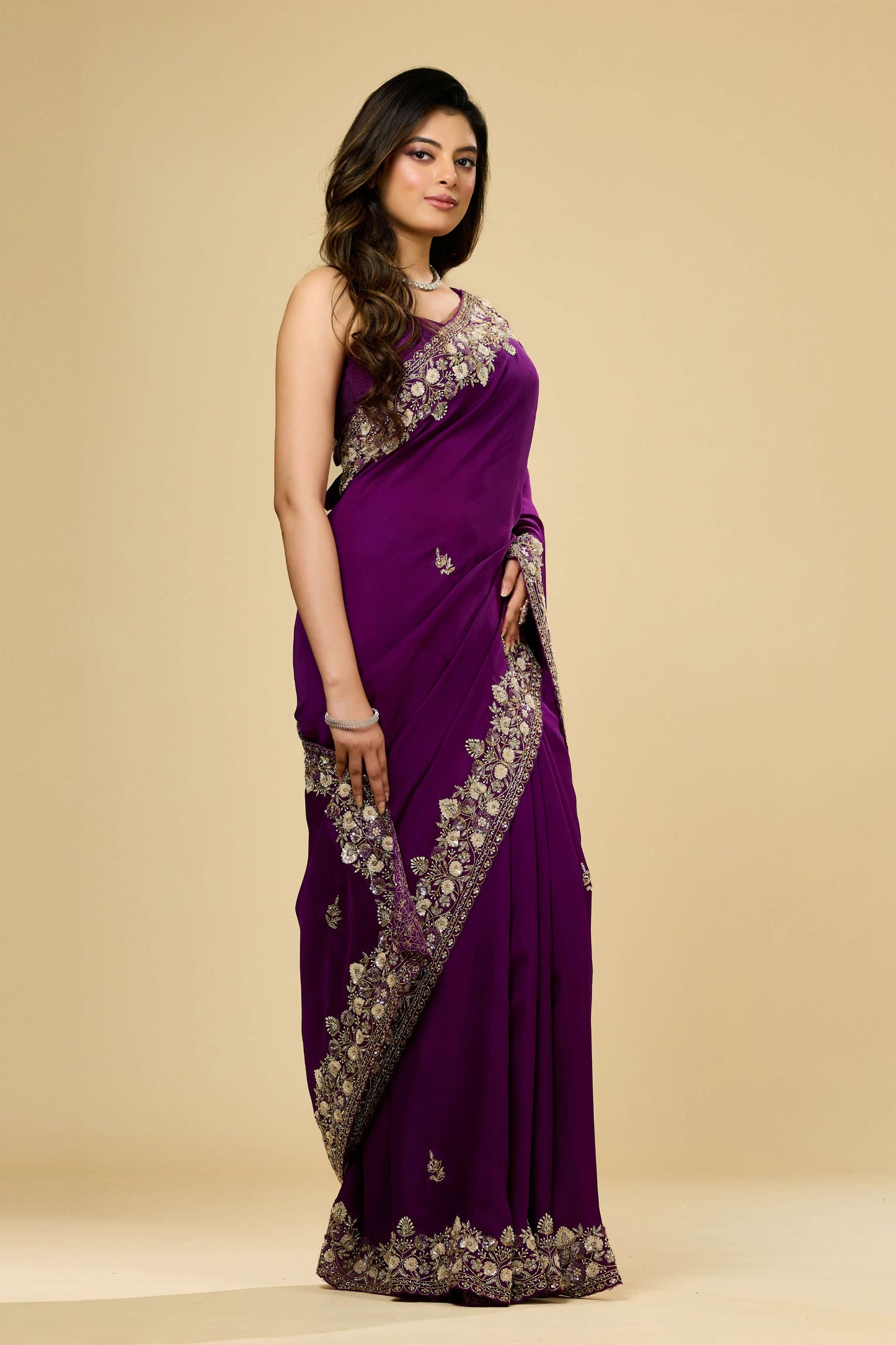 Wine sequins Organza Sarees 1007-10004