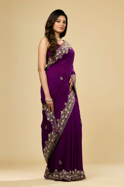 Wine sequins Organza Sarees 1007-10004