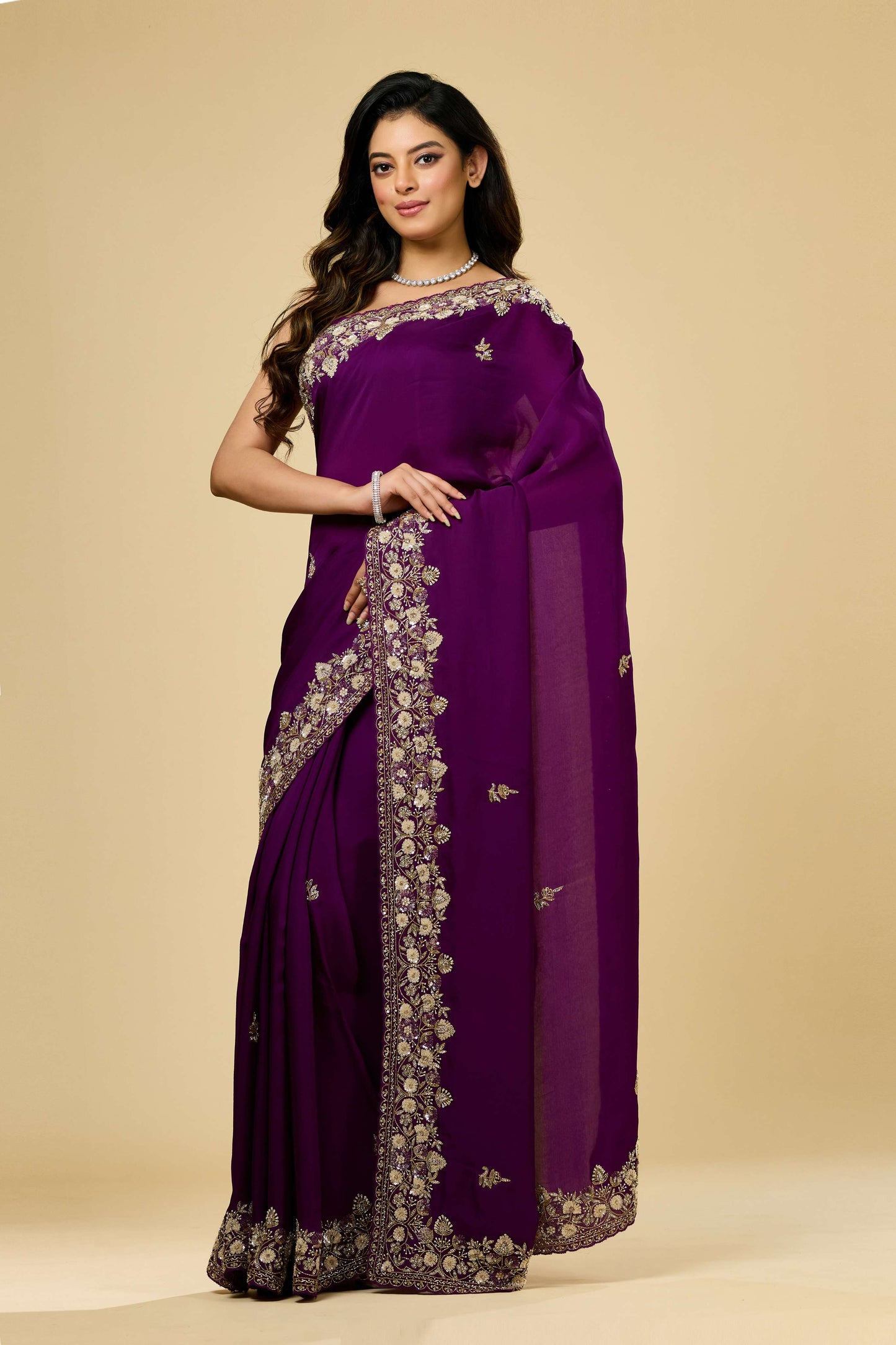Wine sequins Organza Sarees 1007-10004