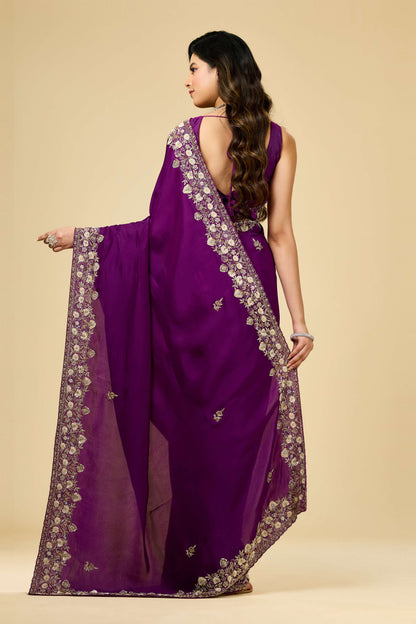 Wine sequins Organza Sarees 1007-10004