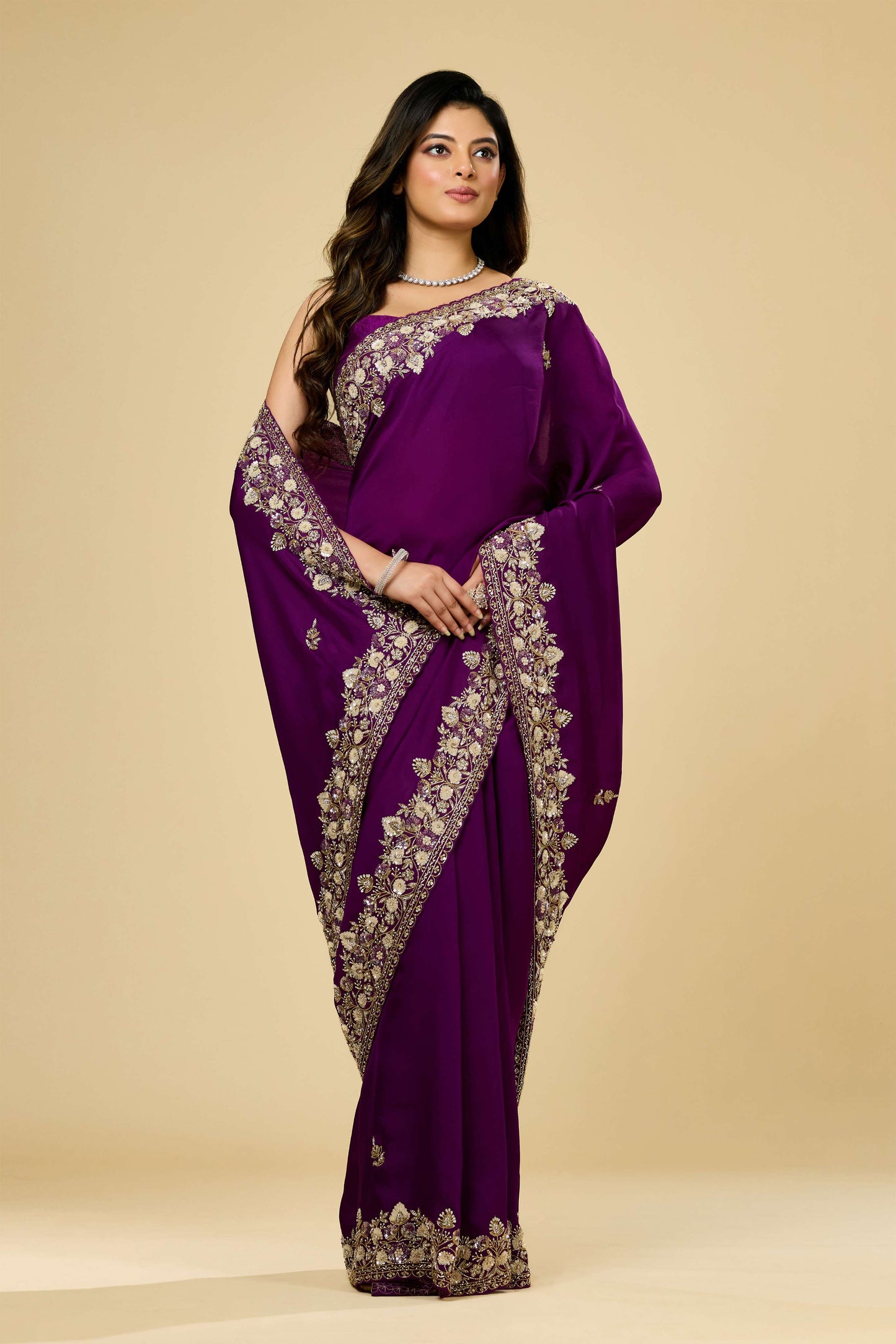 Wine sequins Organza Sarees 1007-10004