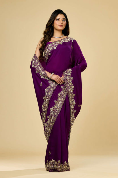 Wine sequins Organza Sarees 1007-10004