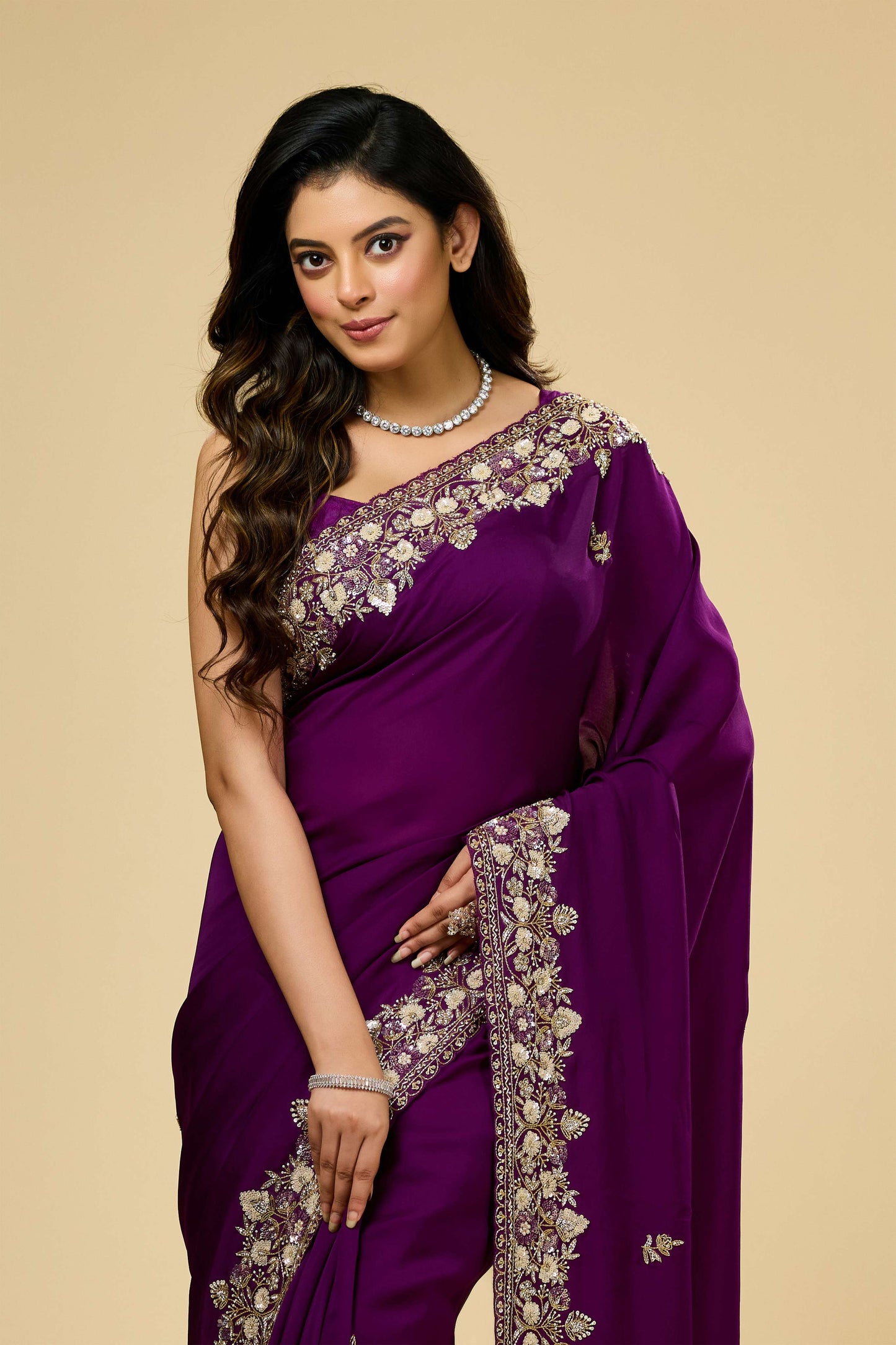 Wine sequins Organza Sarees 1007-10004