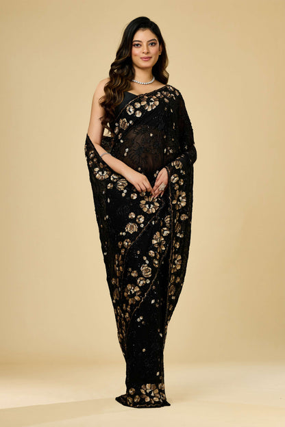 Black sequins Georgette Sarees 1007-10012